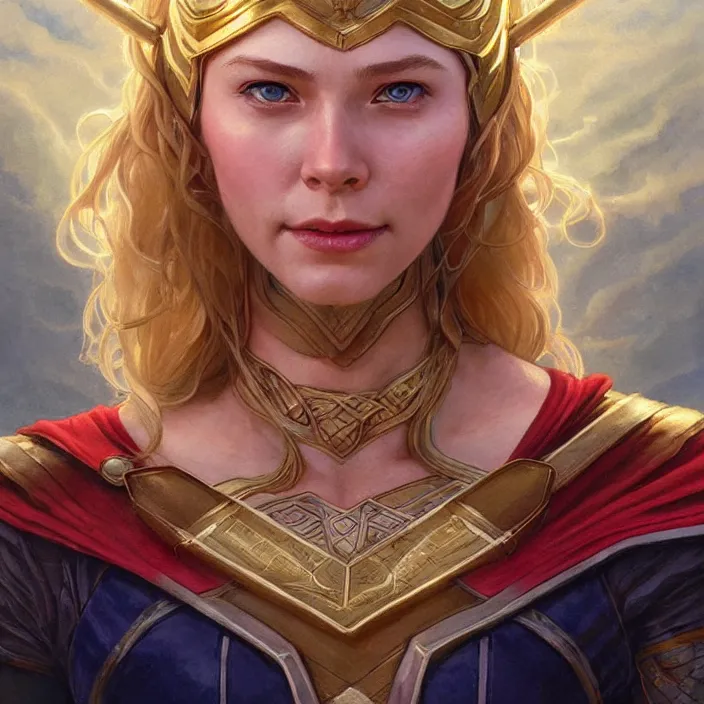 Prompt: smiling beautiful female thor with sparkling eyes, closed up portrait, highly detailed, gold filigree, fantasy, soft cinematic lighting, award, disney concept art, watercolor illustration by mandy jurgens and alphonse mucha and alena aenami, pastel color palette, featured on artstation