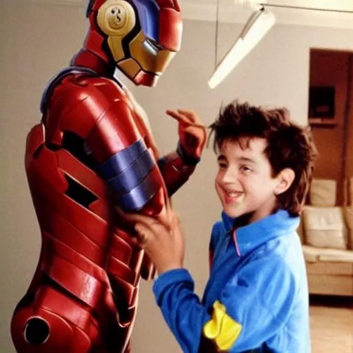 Image similar to photo of young robert downey jr putting in a brown cardboard fake ironman costume, helmet off