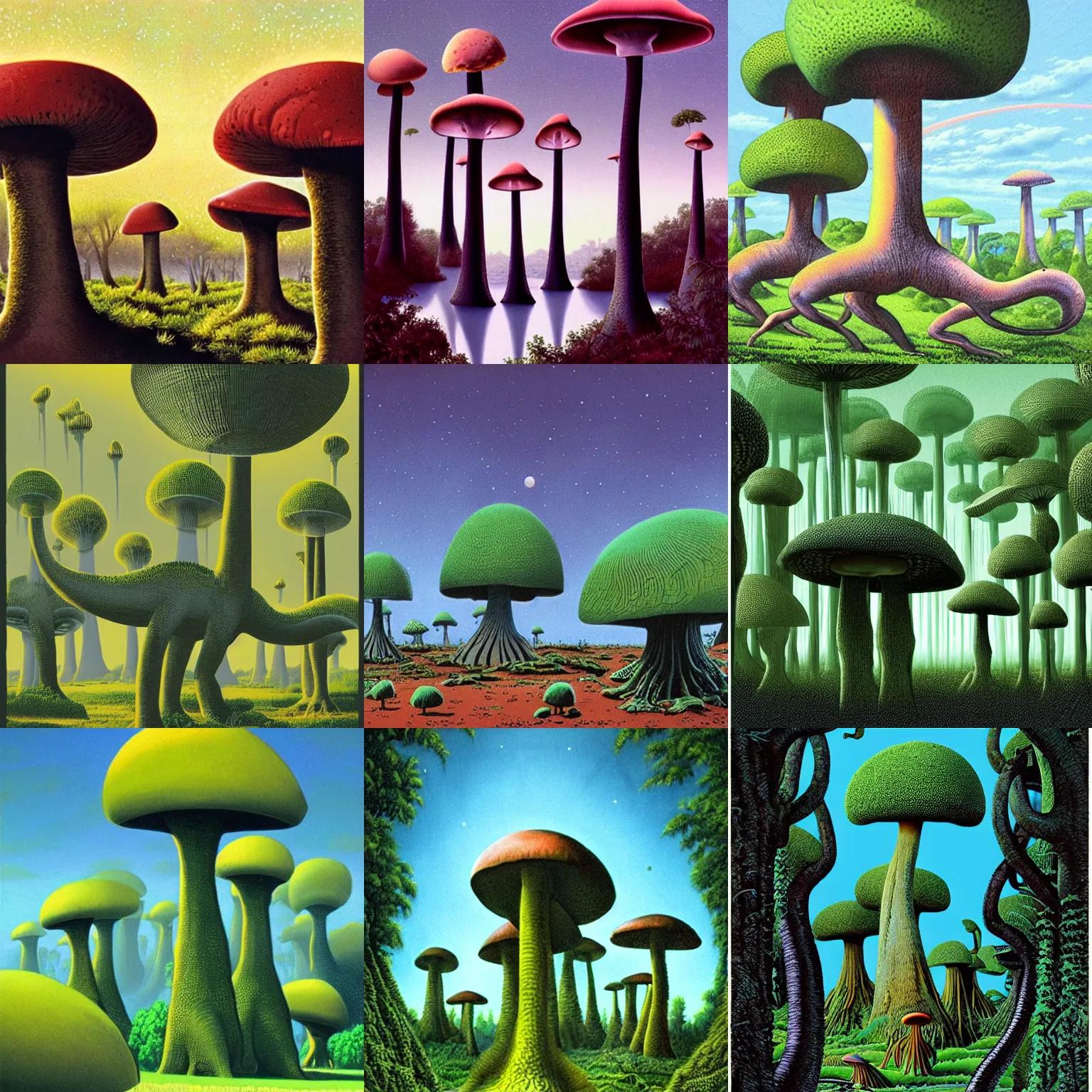 Prompt: illustration by tim white of a alien planet. large mushroom - like trees. giant brontosaurus.
