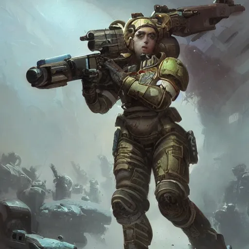 Prompt: Multi-dimensional female space marine with an anti-tank rifle, by greg rutkowski and thomas kinkade, Trending on artstation.