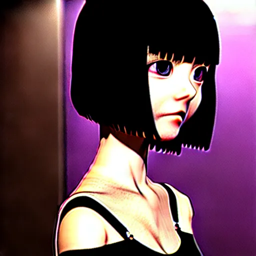 Prompt: girl with morbid thoughts wearing a black spring dress with short hair with bangs, she is thequeen of sharp needles, under the effect of psychosis and euphoria, by Range Murata, Katsuhiro Otomo, Yoshitaka Amano, and Artgerm. 3D shadowing effect, 8K resolution.