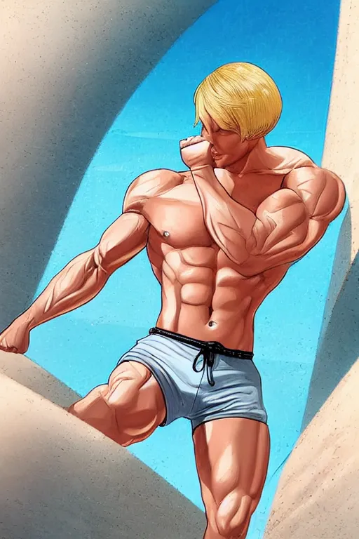 Prompt: a handsome male fitness model with blonde hair who is also a male android, ken, muscular, wearing a white crop top and short light orange shorts, stands by a swimming pool, facing forward, in the style of artgerm and moebius and annie liebovitz, photorealistic, highly detailed