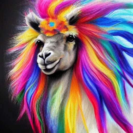 Prompt: portrait of a cute fluffy llama with long colorful flowing lion mane with mohawk hairstyle hybrid animal detailed painting 4 k