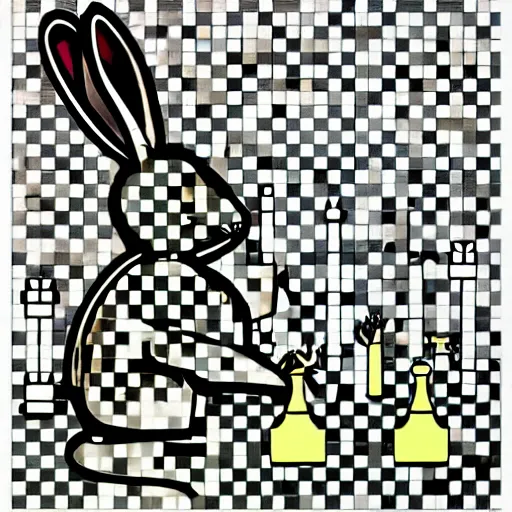 Image similar to a rabbit playing chess in the style of roy lichtenstein