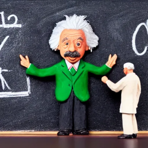 Image similar to claymation miniature scene of albert einstein standing in front of miniature blackboard with lots of mathematical formulas chalked on