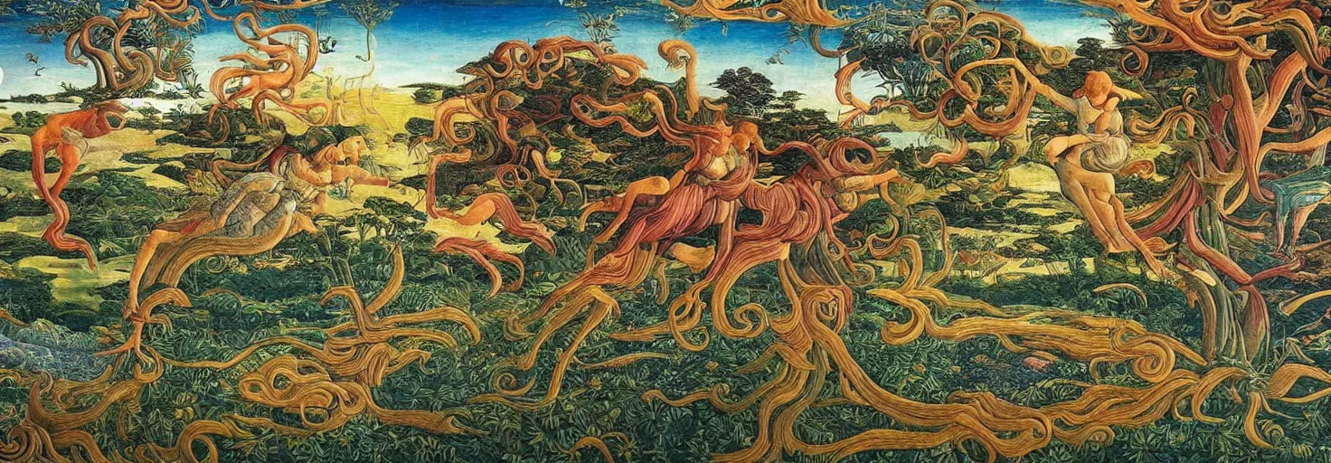 Prompt: beautiful landscape mural of an alien planet, lush landscape, vivid colors, intricate, highly detailed, masterful, fantasy world, in the style of sandro botticelli, moebius