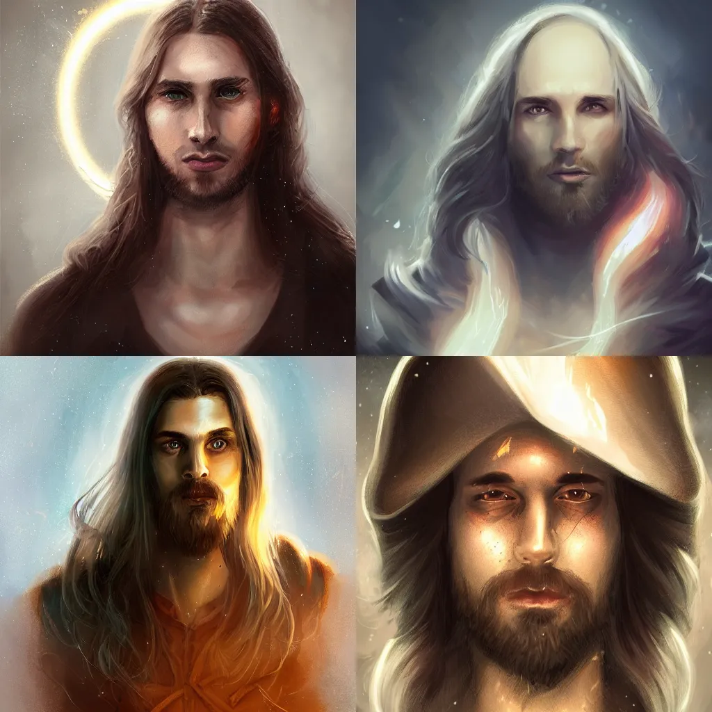 Prompt: digital illustration, portrait, wizard, long brown hair, male, magic, faintly glowing eyes, embers near face, hero, fade at chest, confident, oil painting, rule of thirds, white paper, empty background, artstation, character concept