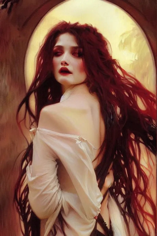 Image similar to vampire lady with long white hair, painting by daniel gerhartz, alphonse mucha, bouguereau, detailed art, artstation