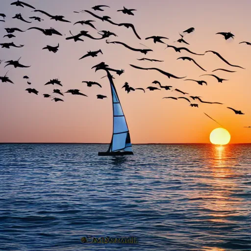 Image similar to A hand-drawn sailboat circled by birds on the sea at sunrise