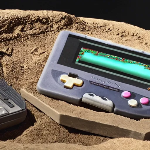 Prompt: archeologists excavate an ancient game boy advance