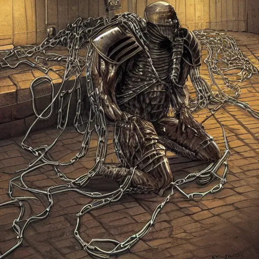 Image similar to “a photo of a kneeling evil disgusting mummy knight mutant in full armor wrapped in cables and chains in front of a laptop computer. The knight is in the center of a dark filthy dirty room filled with server racks and server cables hanging everywhere. The ground of the room is littered and covered with garbage and trash everywhere. It is dark and there are no lights. Cursed image. David Cronenberg style. David lunch style. Troma style. 35mm film.”