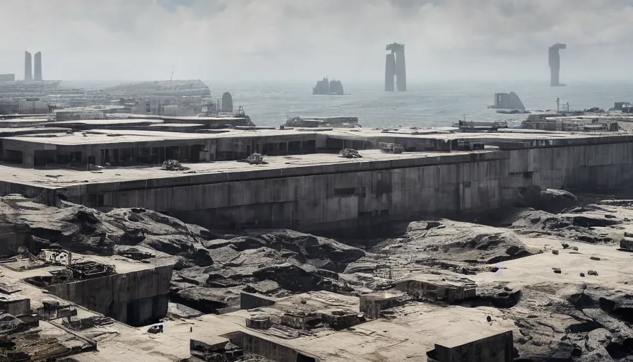 Image similar to big brutalist imperial military base on cliffs, drawing architecture, very long shot, top angle, imperial architecture in rogue one, pritzker architecture prize, brutalism architecture, jan urschel, roger deakins