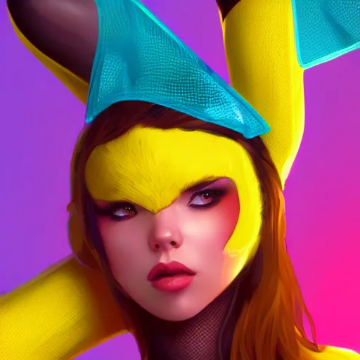 Prompt: color portrait of an attractive girl wearing a mesh costume of pikachu and fishnet stockings, by tsuaii and Wojtek Fus, Trending artstation, cinematográfica, photography