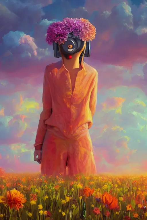 Prompt: closeup, giant flower as a head, girl surrounded by djungle, surreal photography, golden hour, colorful clouds, impressionist painting, digital painting, artstation, simon stalenhag