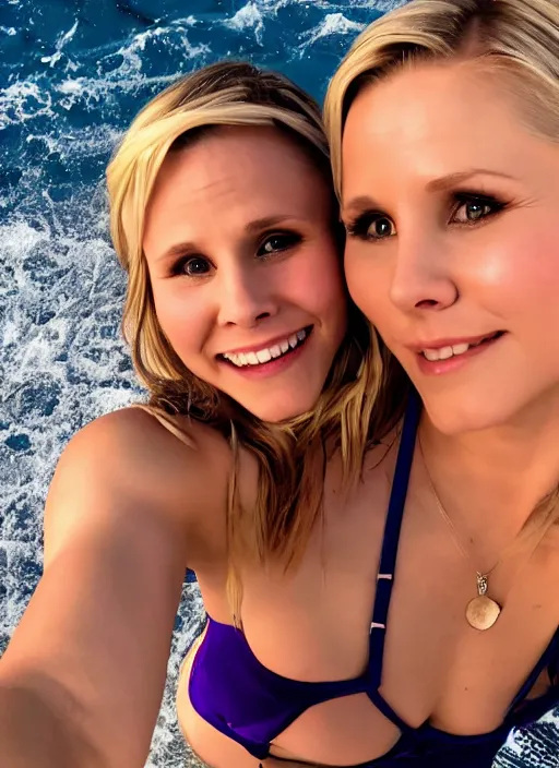 Image similar to pov photo of kristen bell sitting on my lap in a bikini, 1 2 0 deg fov