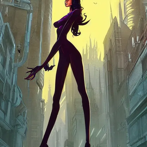 Prompt: Tall beautiful slender female witch with dark hair, futuristic, alien cityscape, artstation, graphic novel, colourful, 2D matte, art by Stanley Artgerm David Rubín, Mike Mignola, Laurie Greasley,
