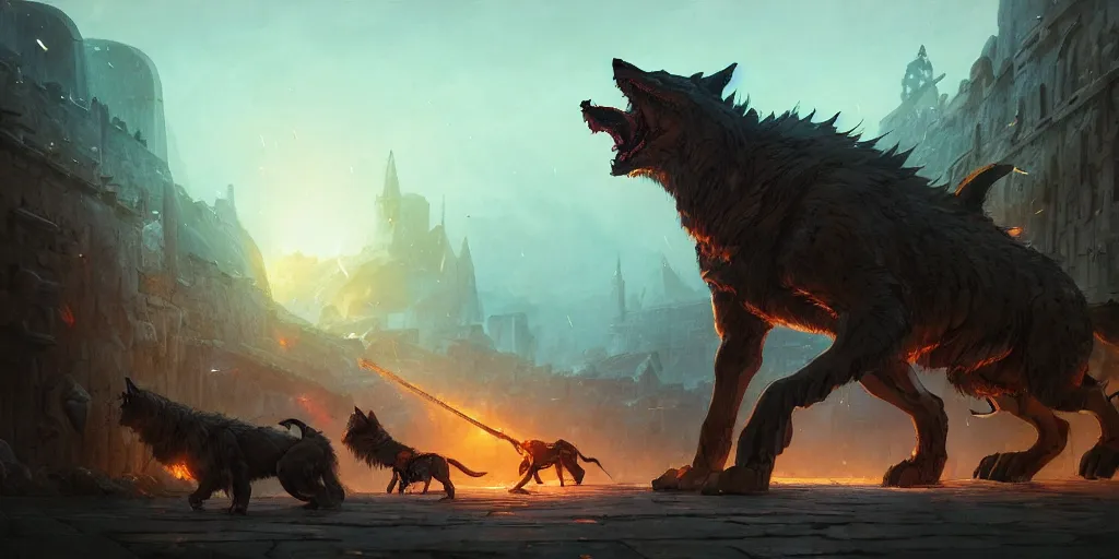Image similar to An epic battle inside a walled city. Giant wolf is attacked by laser beams, magic barrage, raining, epic. In style of Greg Rutkowski, Jesper Ejsing, Makoto Shinkai, trending on ArtStation, fantasy, great composition, concept art, highly detailed, scenery, 8K, Behance.