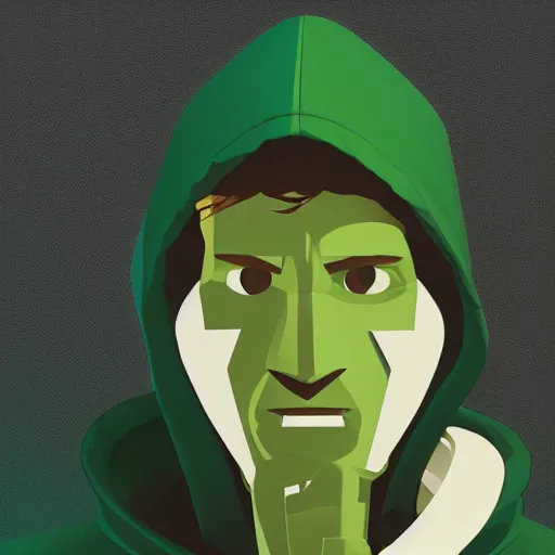 Prompt: portrait of a lost chad programmer with green hood by james gilleard, dramatic lighting, close up