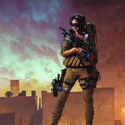 Image similar to Maria. USN special forces futuristic recon operator, cyberpunk headset, on patrol in the Australian neutral zone, deserted city landscape, skyline lit by flares. 2087. Concept art by James Gurney and Alphonso Mucha