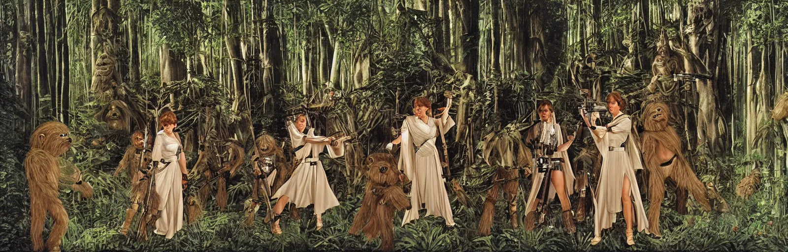 Image similar to luke skywalker, princess leia and han solo meet the ewoks in the forest of endor, in return of the jedi, a masterful painting by sandro botticelli