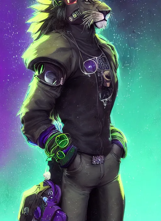Image similar to award winning beautiful portrait commission of a male furry anthro lion fursona with a tail and a cute beautiful attractive detailed furry face wearing stylish black, green and purple cyberpunk clothes in a cyberpunk city at night while it rains. Character design by charlie bowater, ross tran, artgerm, and makoto shinkai, detailed, inked, western comic book art