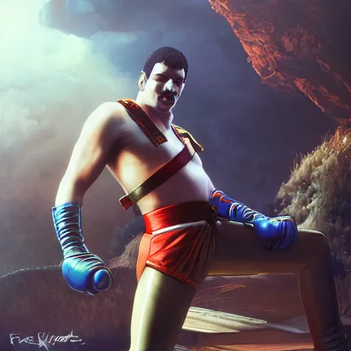 Prompt: freddy mercury as ken street fighter, uppercut, ultra realistic, concept art, intricate details, highly detailed, photorealistic, octane render, 8 k, unreal engine, art by frank frazetta, simon bisley, brom