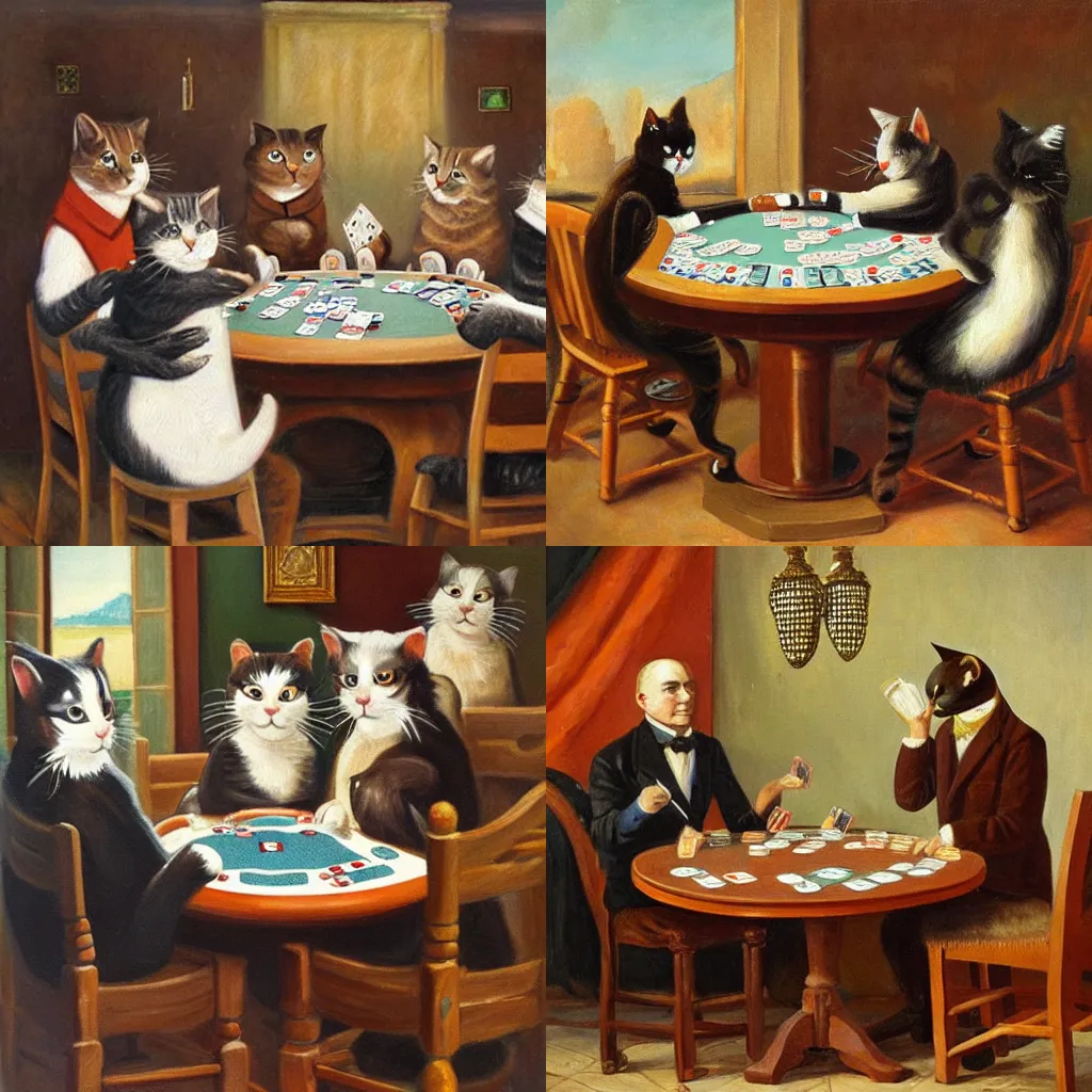 Prompt: Cats playing poker, oil painting, Cassius Marcellus Coolidge.