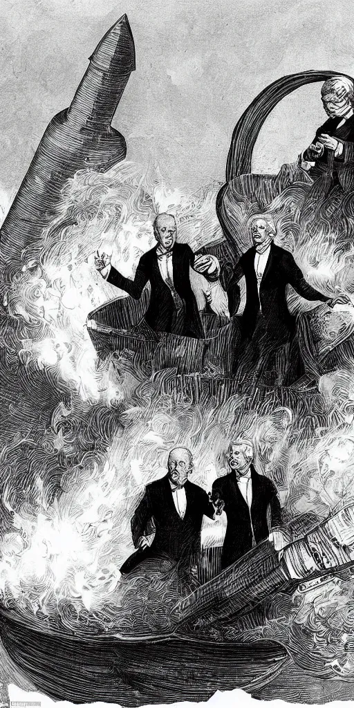 Prompt: joe biden & donald trump embarking on a rocketship to hell leaving us with an empty, soulless, two party divisive system that thomas jefferson could have never dreamed up