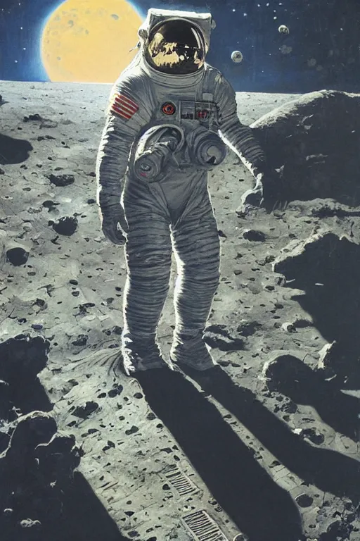 Prompt: fan astronaut stands on the surface of the moon, by norman rockwell, jack kirby, jon berkey, earle bergey, craig mullins, ruan jia, jeremy mann, tom lovell, marvel, astounding stories, 5 0 s pulp illustration, scifi, fantasy, artstation creature concept