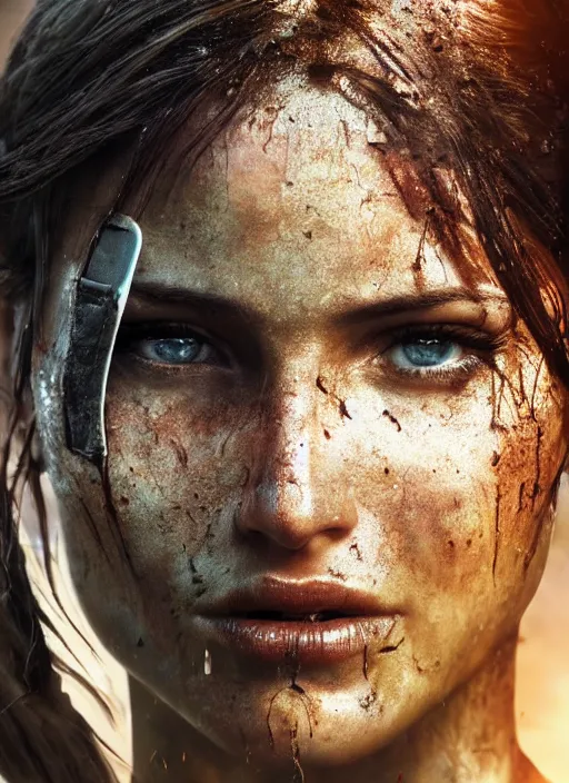 Image similar to a studio photography, film still of lara croft as cop, her face muddy and sweat, direct sun light, close up potrait, cinematic,