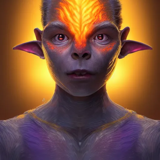 Image similar to A professional digital portrait painting of a young adult female goblin with (skin that looks like fire), dressed in light armor, 4k, digital art, trending on cgsociety, highly detailed, paint by Wes Anderson, head and shoulders shot, shallow depth of field, purple and yellow lighting, professional lighting, airbrush, Hayao Miyazaki