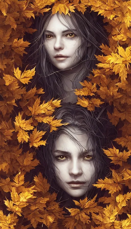 Image similar to golden leaves at frame border, creative!!! composition for a book cover!!!, absurdly beautiful, ultrafine hyperrealistic detailed old witch face by wlop and artgerm and greg rutkowski, intricate linework, sharp focus, smooth, octopath traveler, final fantasy, unreal engine, dramatic lighting, ethereal, 8 k