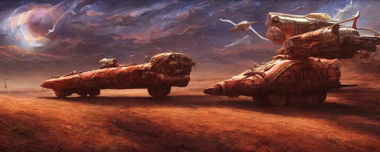 Image similar to cinematic vehicle in retro scifi landscape, beautiful colours, sharp textures, nikolay georgiev, alex ross, bruce pennington, donato giancola, larry elmore, masterpiece, oils on canvas, trending on artstation, featured on pixiv, cinematic composition, sharp, details, hyper - detailed, hd, hdr, 4 k, 8 k