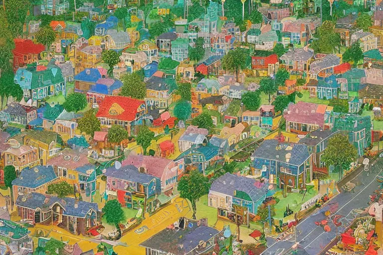 Image similar to an elaborate and dense painting of a peaceful neighborhood, detailed, made of alcohol ink on parchment and penned illustrations, by richard scarry and beeple