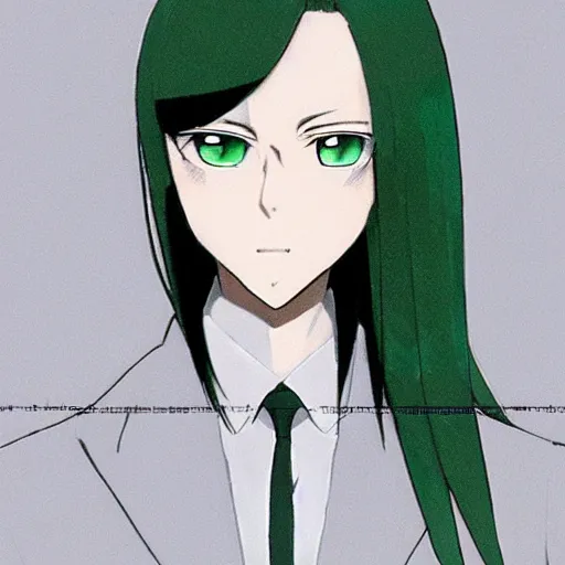 Image similar to full body portrait character concept art, anime key visual of decadent green long straight hair young anime male in black suit, green long straight hair and brown eyes, finely detailed perfect face studio lighting delicate features directed gaze, gapmoe kuudere grimdark, trending on pixiv fanbox, painted by greg rutkowski makoto shinkai takashi takeuchi studio ghibli