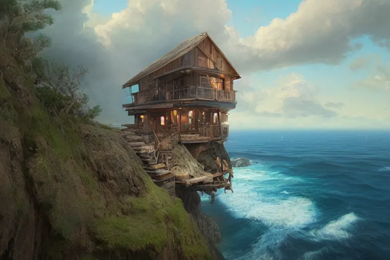 Image similar to lovely a - frame home sits atop a broad cliff, overlooking the entirety of the blue sky, digital painting by greg rutkowski and gaston bussiere, zbrush, cgsociety contest winner, comprehensive art, intricate, landscape photography, brightly radiant atmosphere, overcast sky, homogeneous to hawaii, 4 k, 8 k