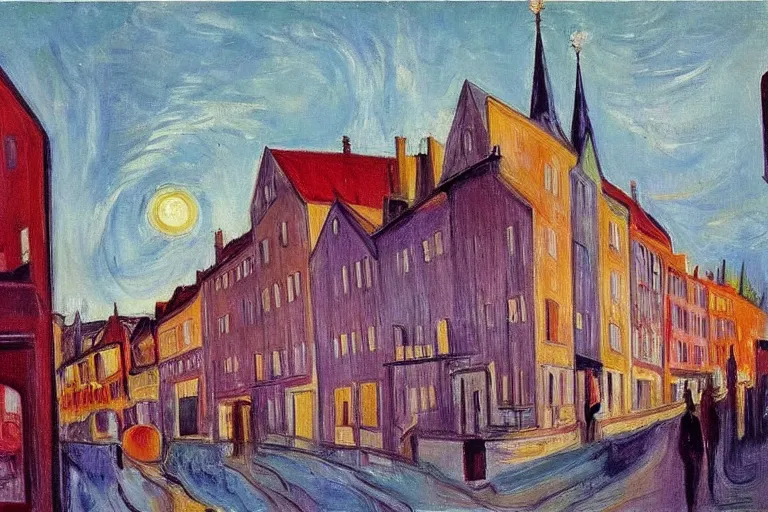 Image similar to unique shops, apartment towers, and cute townhouses along a city street, oil painting by edvard munch