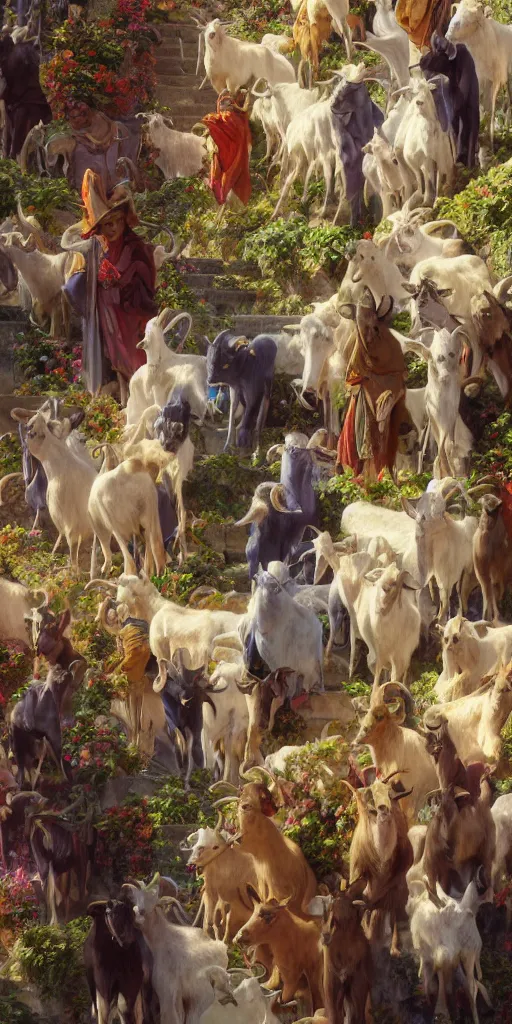 Image similar to a herd of goats! on stairs in a beautiful fantasy cathedral, epic, grandiose, many goats, magic, tall towers, gorgeous clouds, colorful, sunrays, digital painting, landscape, octane render, unreal engine, high detail, very realistic, by alphonse mucha