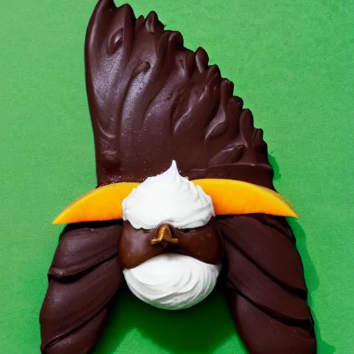 Prompt: A bald eagle made of chocolate powder, mango, and whipped cream