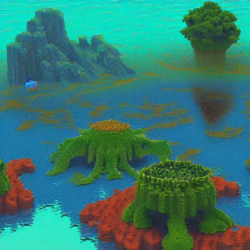 Image similar to aquatic psychedelic shoal scotch spore, by george inness and ghibli studios, voxel, # pixelart