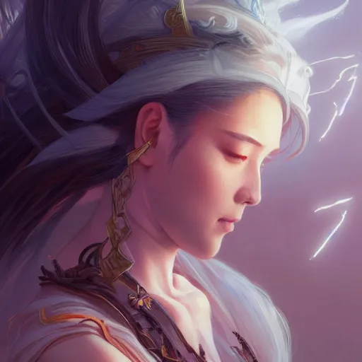 Image similar to Japanese lightning goddess, D&D, highly detailed, digital painting, artstation, concept art, sharp focus, illustration, cinematic lighting, art by artgerm and greg rutkowski and alphonse mucha