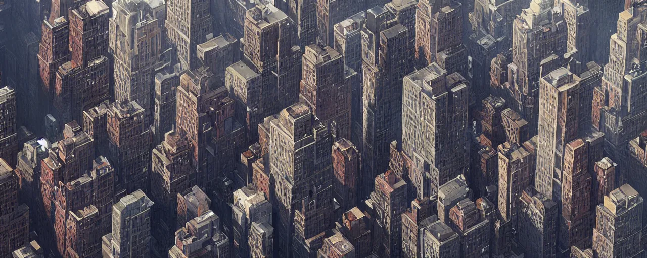 Image similar to new york city blocks. aerial. architecture. cinematic lighting. trending on artstation. cgsociety. art by greg rutkowski and william o'connor