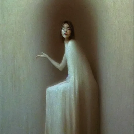 Prompt: young female in white dress, painting by Beksinski