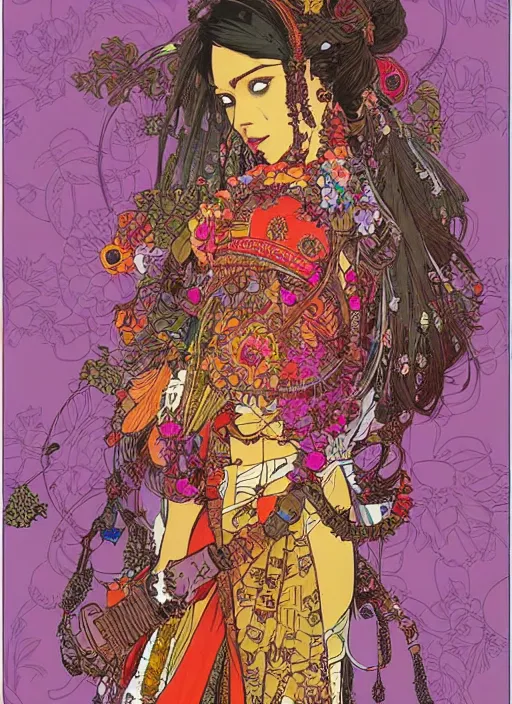 Prompt: beautiful flowerpunk indian cyborg portrait girl female illustration detailed patterns art of hindu traditional dress, flower pop art, floral splash painting, art by geof darrow, ashley wood, alphonse mucha, makoto shinkai