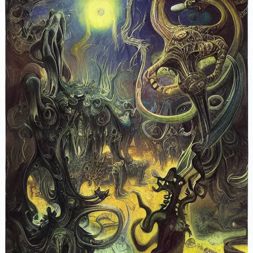 Image similar to lurid eldritch radiating town fractal shimmering phantasm, by h. r. giger and esao andrews and maria sibylla merian eugene delacroix, donato giancola, edvard munch john berkey, gustave dore, thomas moran, hieronymus bosch, hp lovecraft, pop art, synthwave, cubist