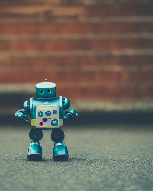 Image similar to high quality presentation photo of a retro toy robot, photography 4k, f1.8 anamorphic, bokeh, 4k, Canon, Nikon