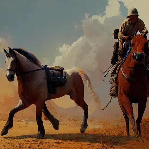 Image similar to the man is carried by the horse, hyperrealism, no blur, 4 k resolution, ultra detailed, style of ron cobb, adolf hiremy - hirschl, syd mead, ismail inceoglu, rene margitte