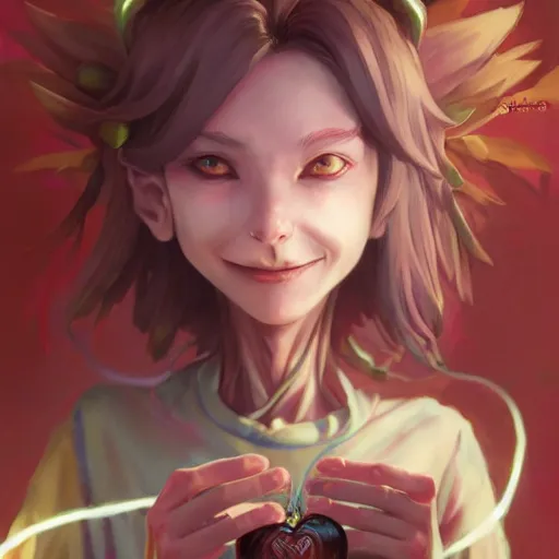 Prompt: A skinny goblin holding a shiny Sacred Heart, by Stanley Artgerm Lau, WLOP, Rossdraws, James Jean, Andrei Riabovitchev, Marc Simonetti, Yoshitaka Amano, ArtStation, CGSociety,