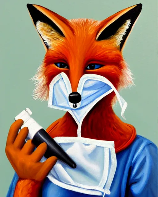 Image similar to oil painting portrait of anthropomorphic female fox animal dressed in doctor's coat, surgical mask covering mouth, holding syringe, fox animal, hospital in background, oil painting,