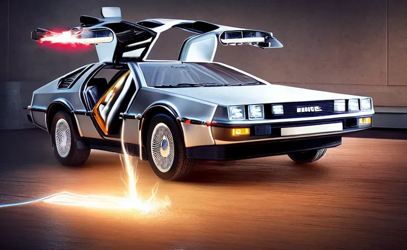 Prompt: a time-traveling delorean styled toaster with toast, bread inserted into slot, glowing heating coils, stainless steel, professional product shot, magazine ad